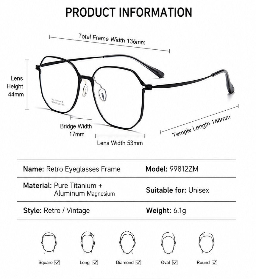99812ZM Lightweight Titanium Geometric Eyeglasses – Unisex Retro Optical Frame