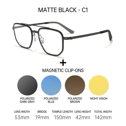 8871 Square Pure Titanium Magnetic Clip-On Prescription Eyeglasses