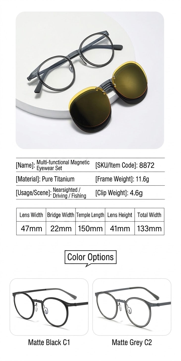 8868 Titanium Magnetic Clip-On Eyeglasses – Polarized Multi-Lens Frame (Copy)