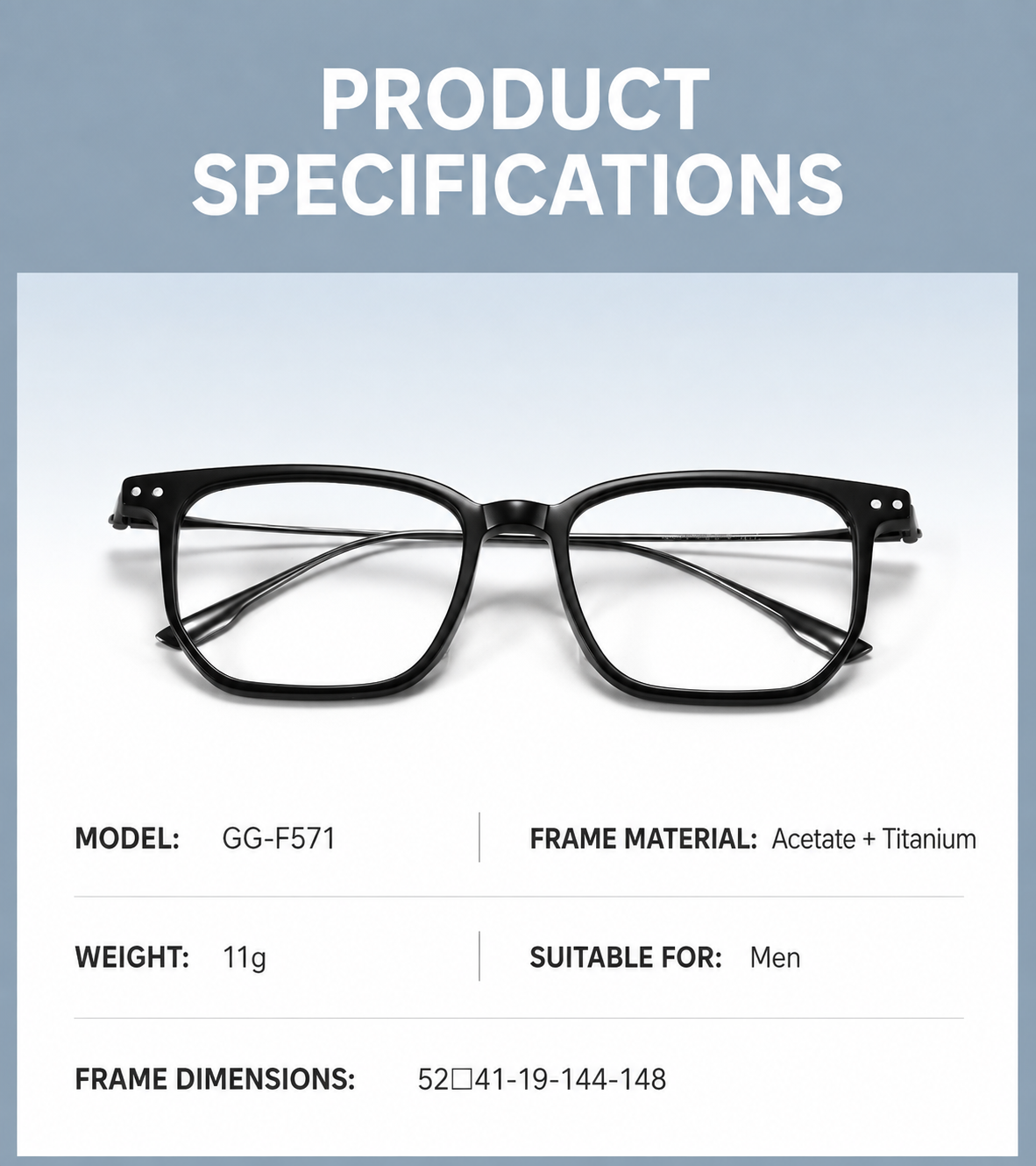 GG-F571 Lightweight Square Acetate & Titanium Eyeglasses – 52mm Unisex Optical Frame