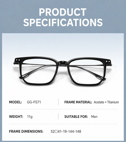 GG-F571 Lightweight Square Acetate & Titanium Eyeglasses – 52mm Unisex Optical Frame