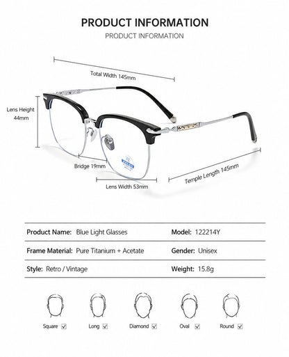 122214Y Lightweight Titanium Browline Square Blue Light Eyeglasses – Unisex