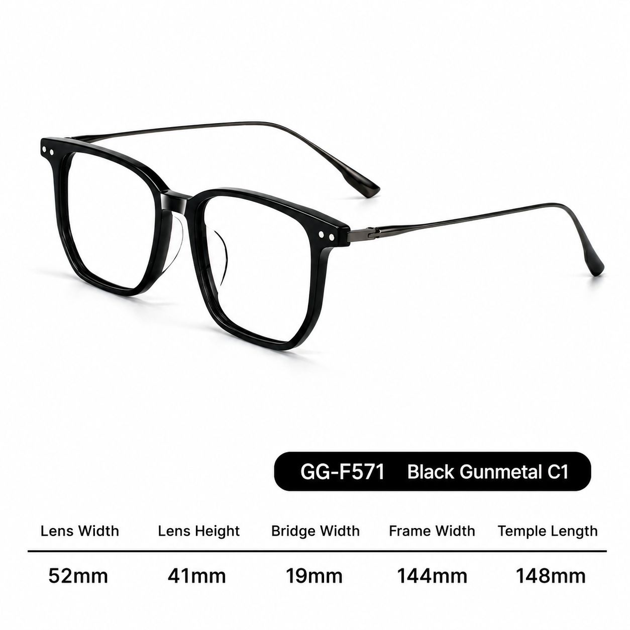 GG-F571 Lightweight Square Acetate & Titanium Eyeglasses – 52mm Unisex Optical Frame
