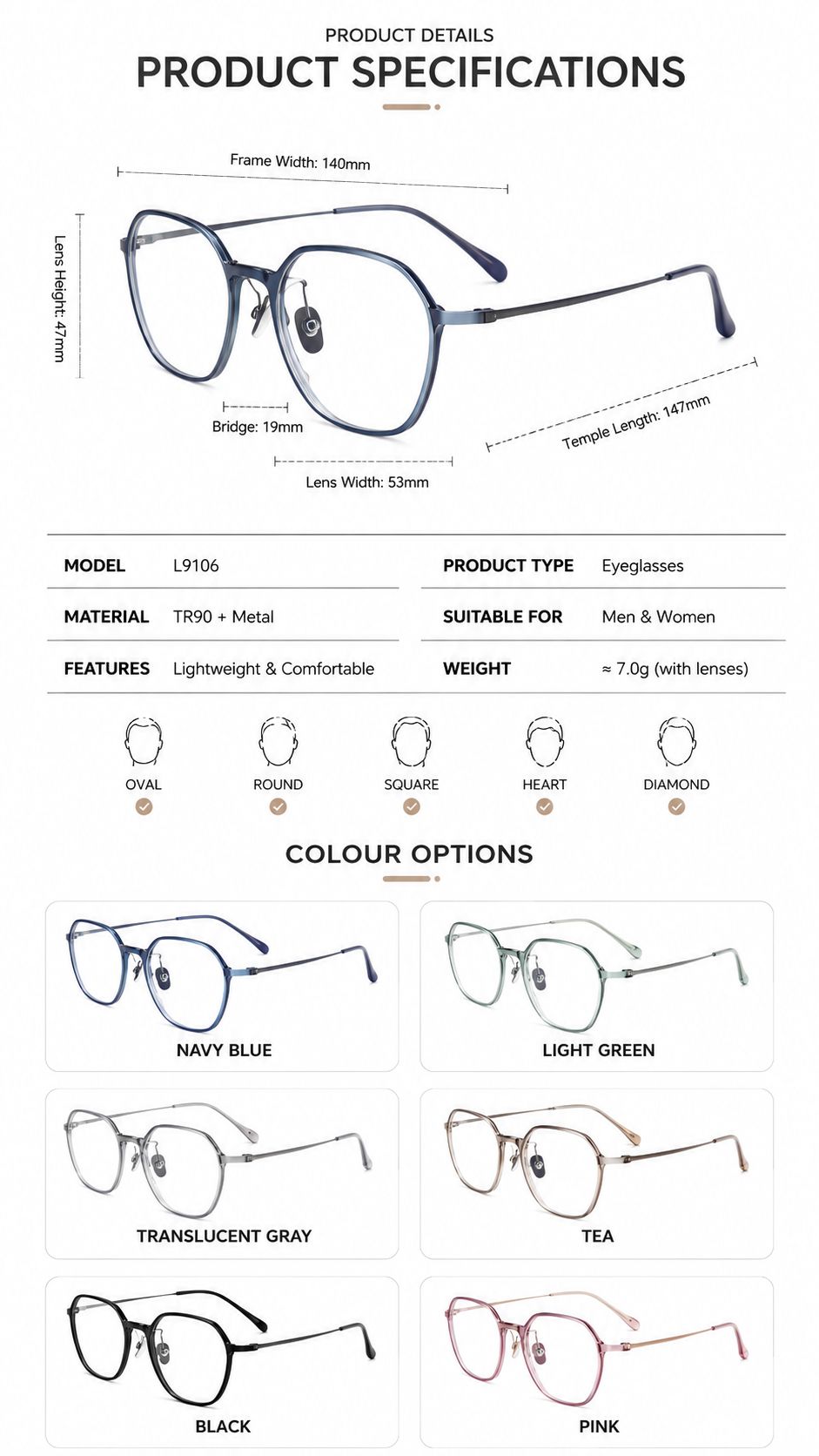 L9106 Lightweight TR90 Titanium Eyeglasses – Unisex Geometric Frames