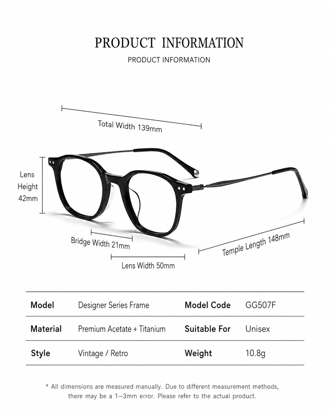 GG507F Acetate & Titanium Retro Eyeglasses – Lightweight Unisex Optical Frame