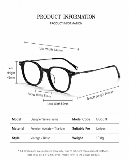 GG507F Acetate & Titanium Retro Eyeglasses – Lightweight Unisex Optical Frame