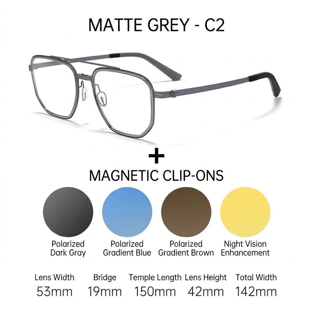 8871 Square Pure Titanium Magnetic Clip-On Prescription Eyeglasses