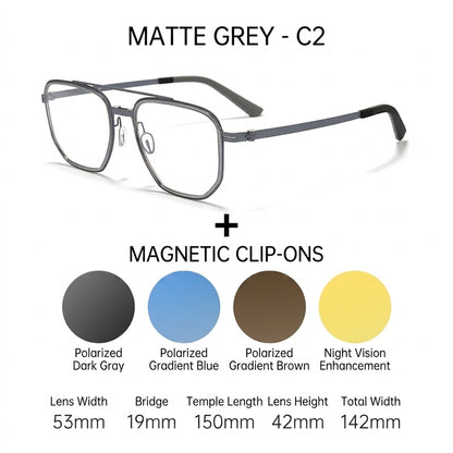 8871 Square Pure Titanium Magnetic Clip-On Prescription Eyeglasses