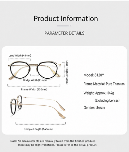 8120Y Pure Titanium Round Eyeglasses with Blue Light Blocking Lens – Lightweight Vintage Optical Frame