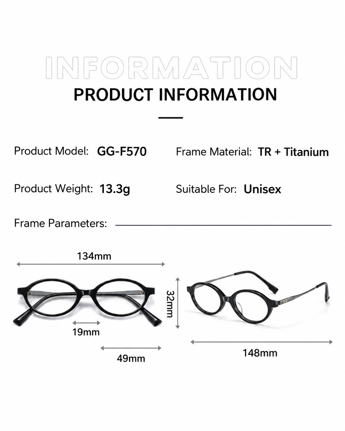 GG-F570 Lightweight Round TR & Titanium Eyeglasses – 49mm Unisex Optical Frame