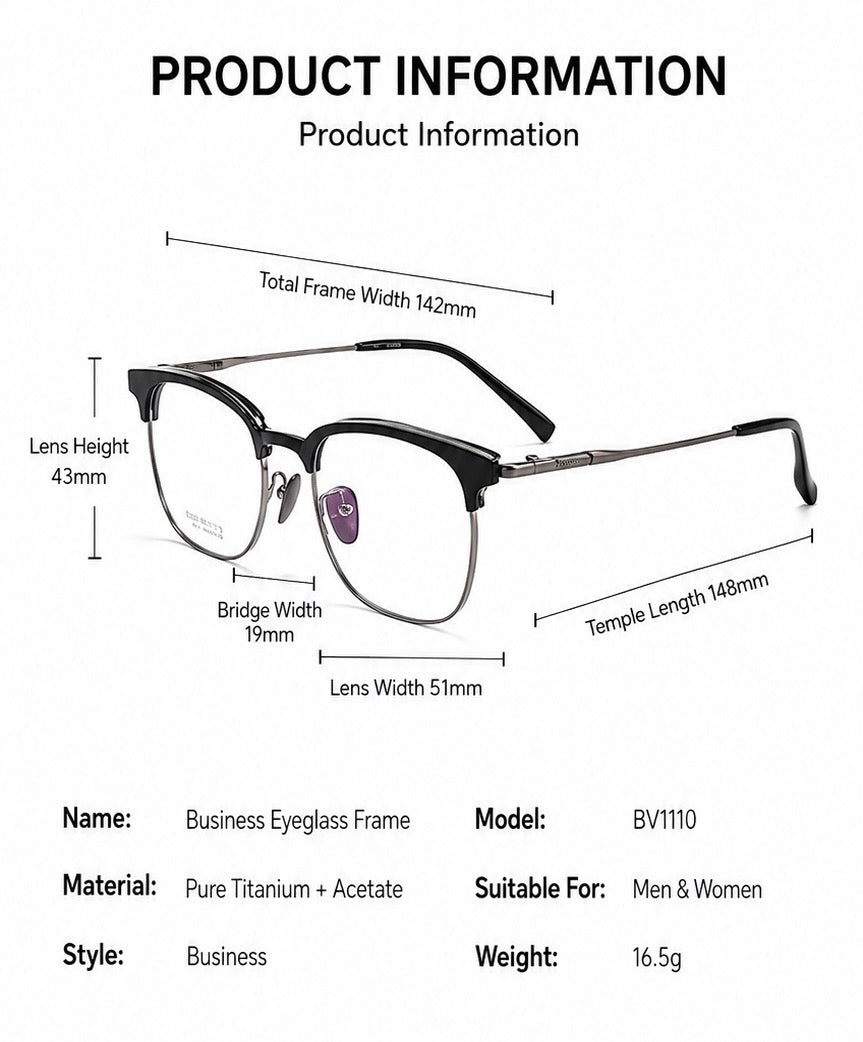 BV1110 Titanium Acetate Browline Eyeglasses – Unisex Retro Square Frame