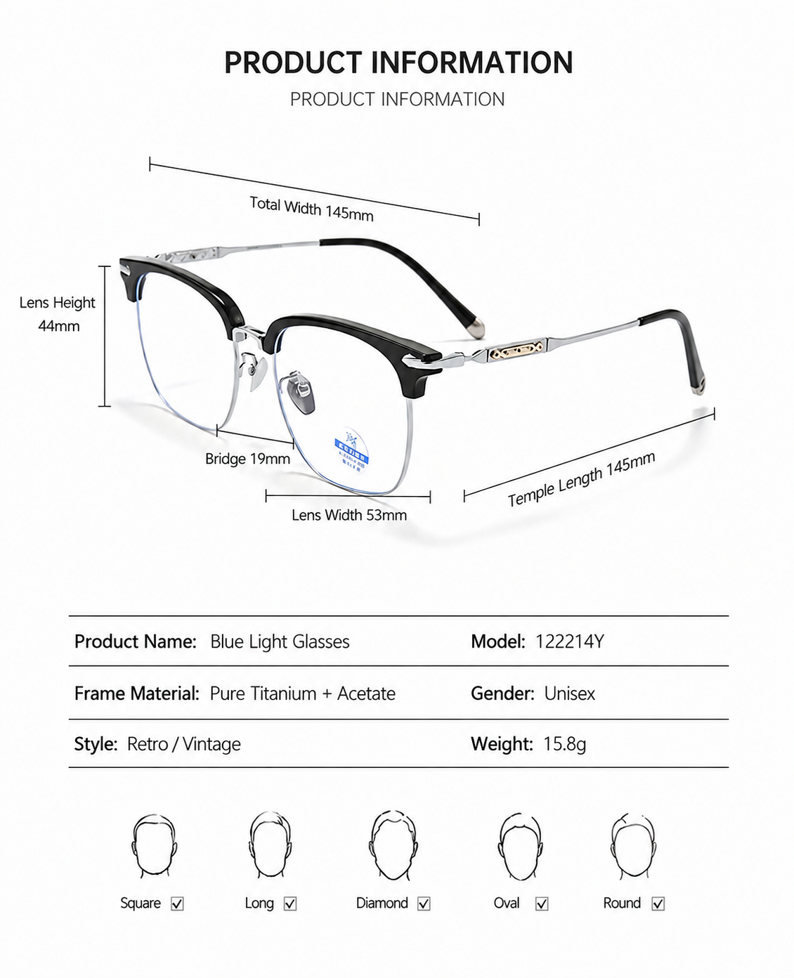 122616Y Lightweight Half Titanium Rectangle Eyeglasses – Unisex