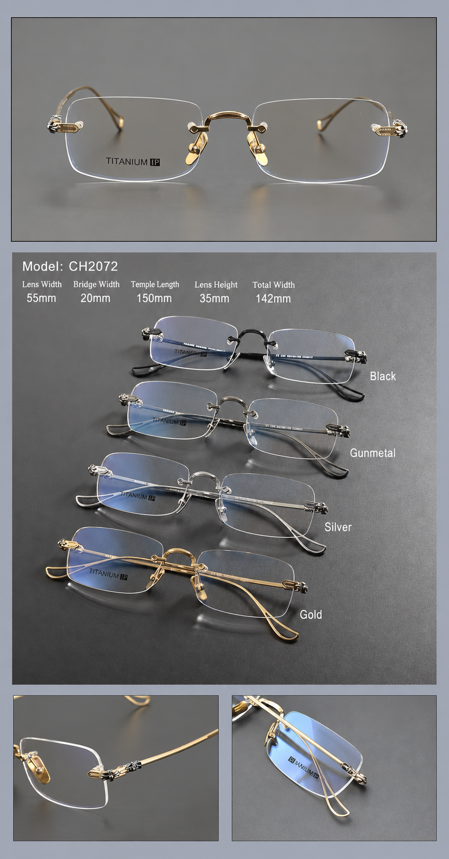 CH2072 Rimless Rectangle Titanium Optical Glasses – Unisex Lightweight Frame