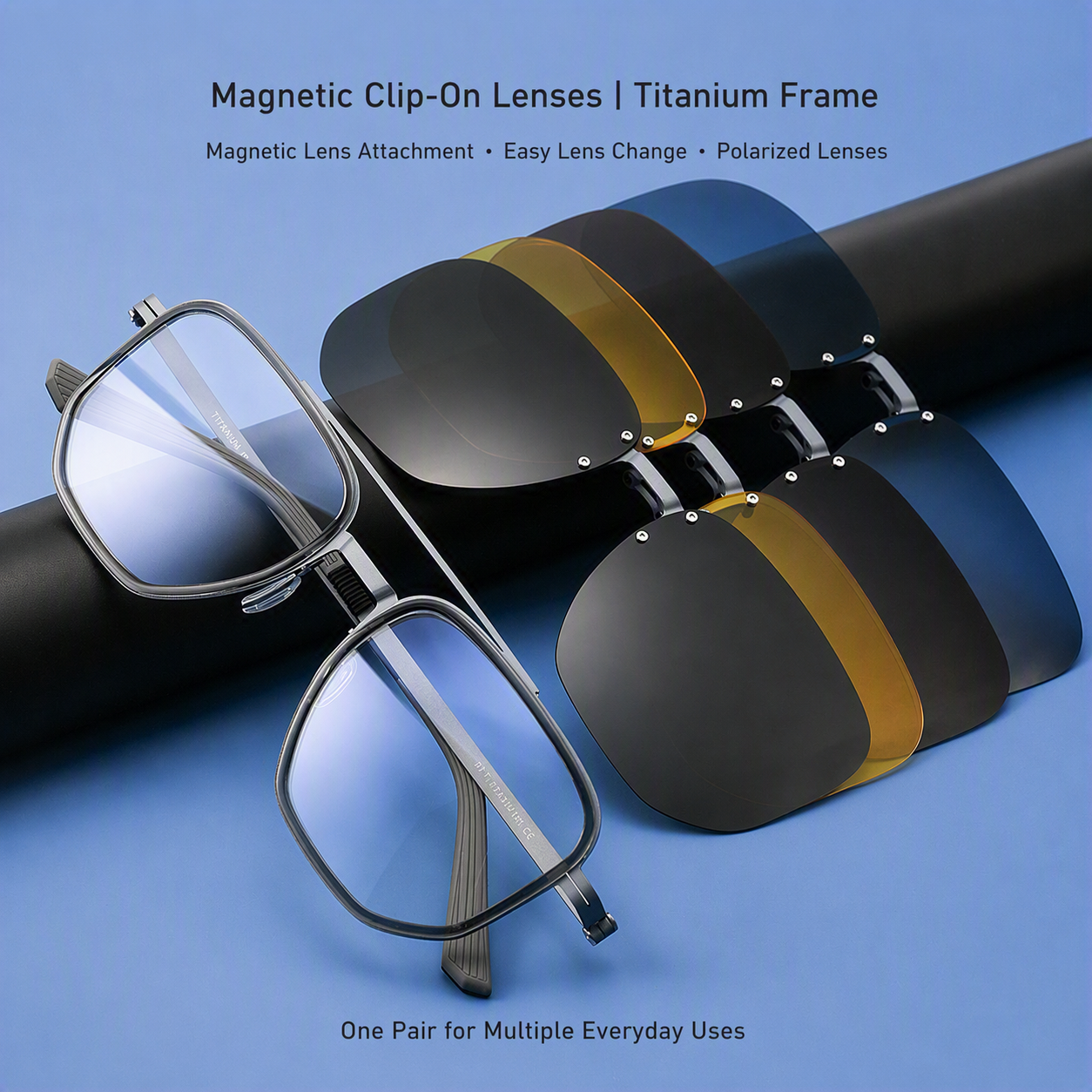 8871 Square Pure Titanium Magnetic Clip-On Prescription Eyeglasses