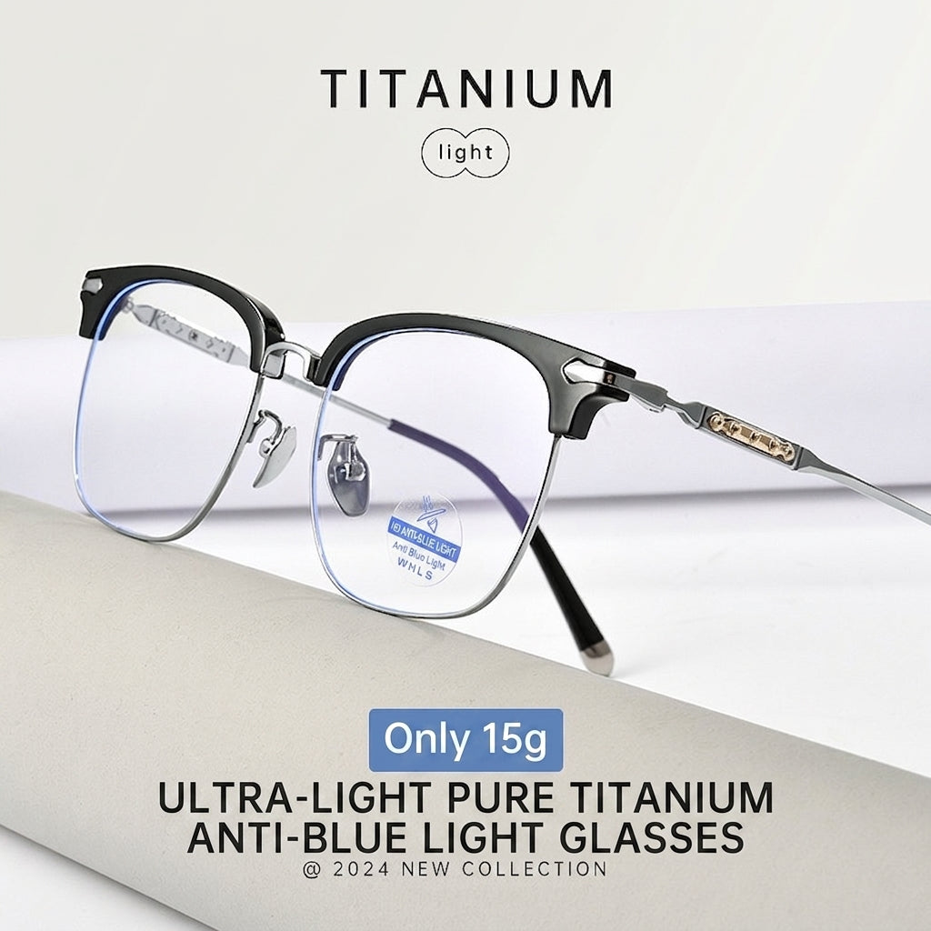 122214Y Lightweight Titanium Browline Square Blue Light Eyeglasses – Unisex