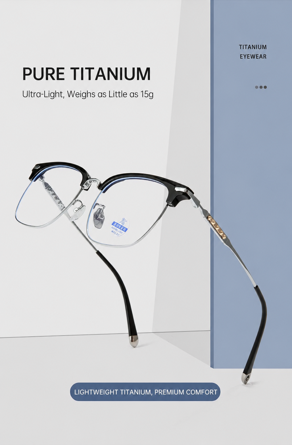 122214Y Lightweight Titanium Browline Square Blue Light Eyeglasses – Unisex