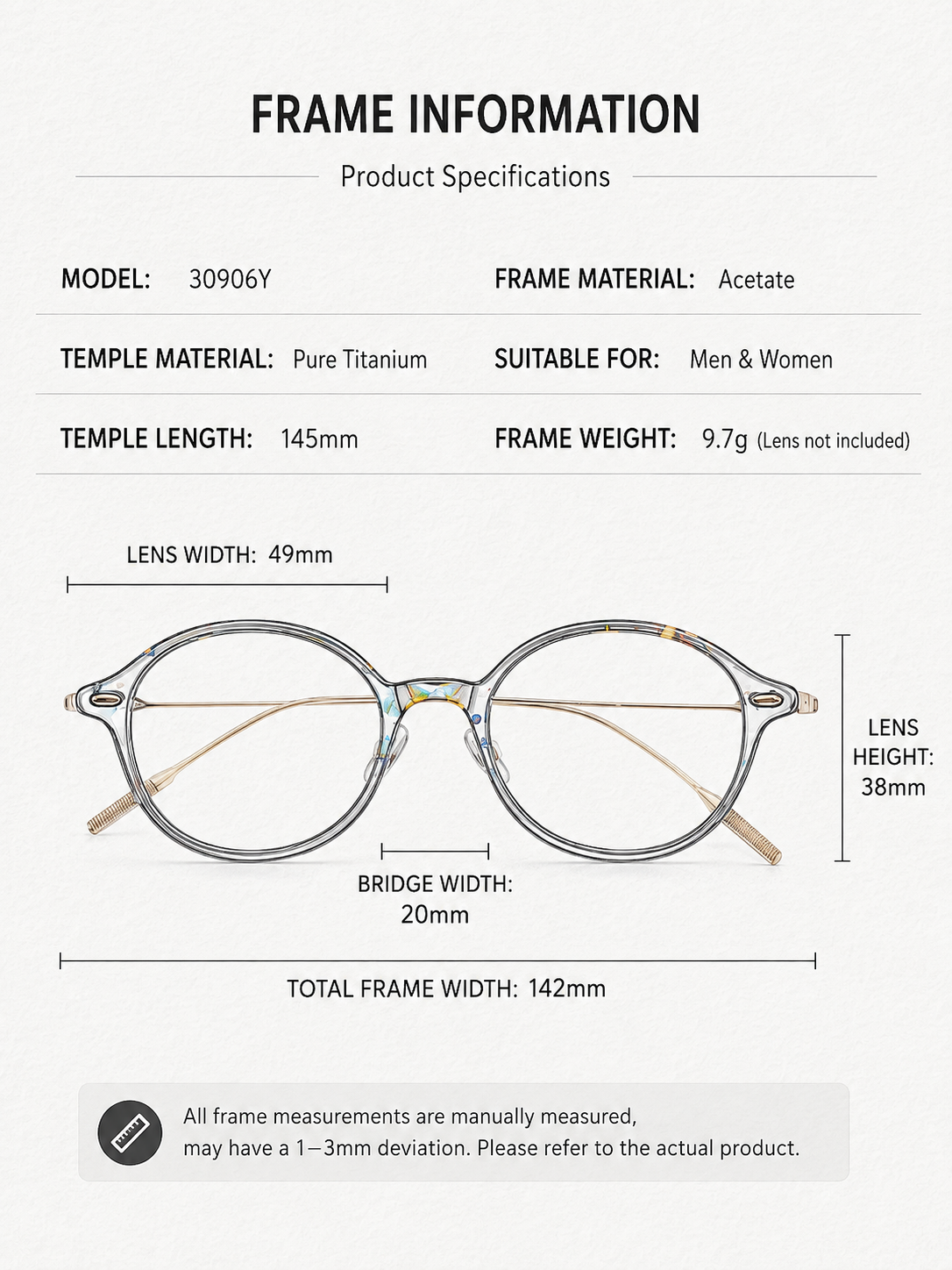 30906Y Lightweight Titanium Acetate Round Eyeglasses – Unisex