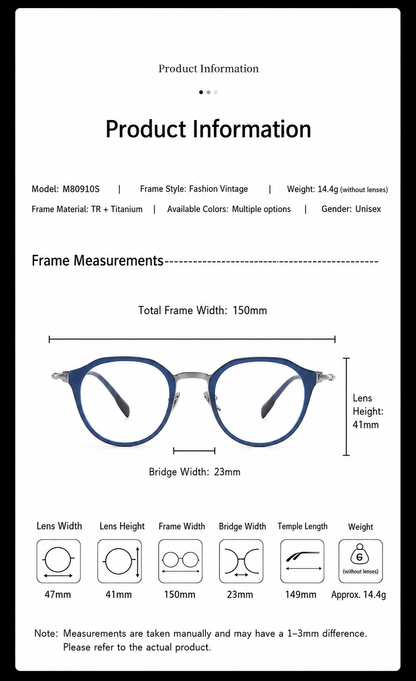 M80910S Lightweight Round Eyeglasses – TR & Titanium Combination Frame