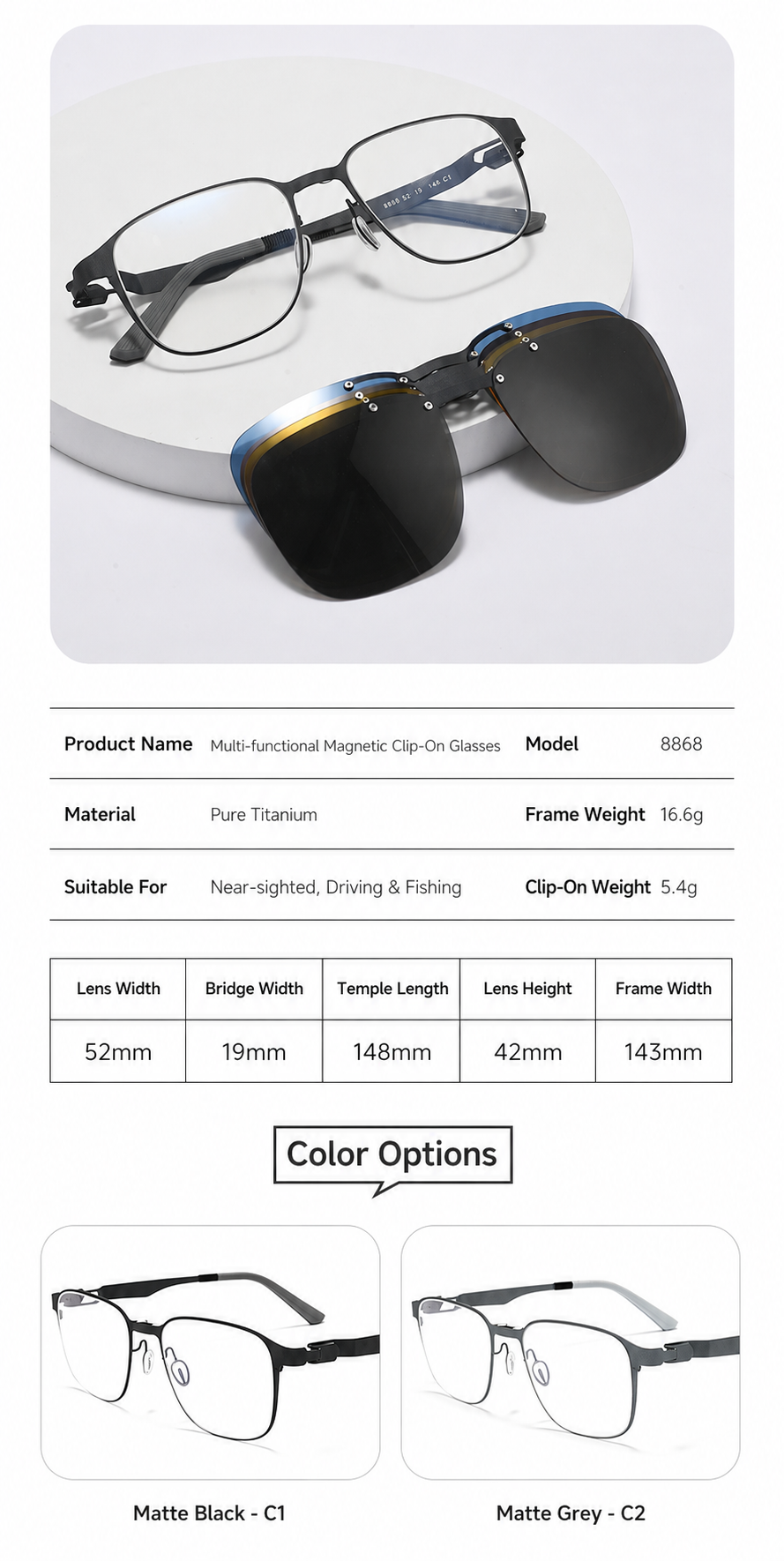 8868 Titanium Magnetic Clip-On Eyeglasses – Polarized Multi-Lens Frame