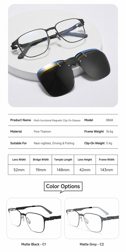 8868 Titanium Magnetic Clip-On Eyeglasses – Polarized Multi-Lens Frame