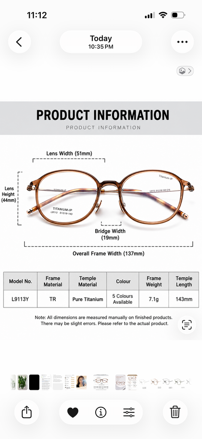 L9113Y Lightweight Titanium Round Prescription Eyeglasses