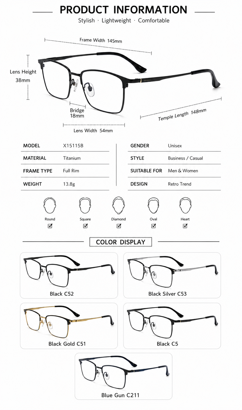 X15115 Ultra-Light Titanium Retro Browline Prescription Eyeglasses – Unisex