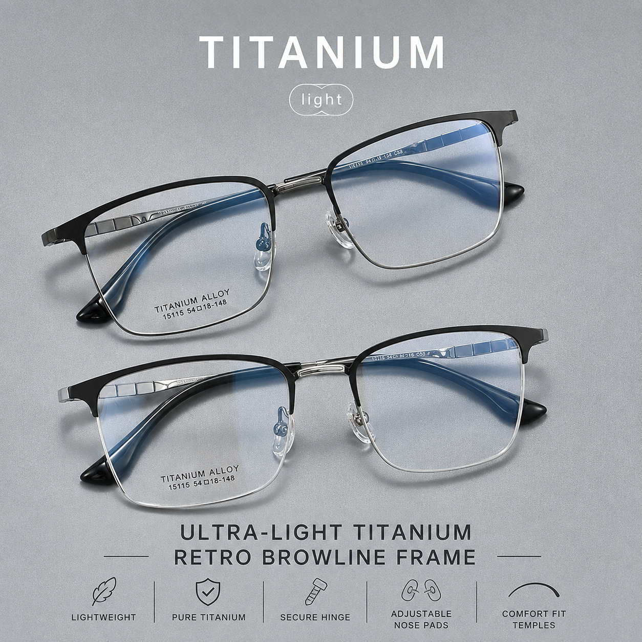 X15115 Ultra-Light Titanium Retro Browline Prescription Eyeglasses – Unisex