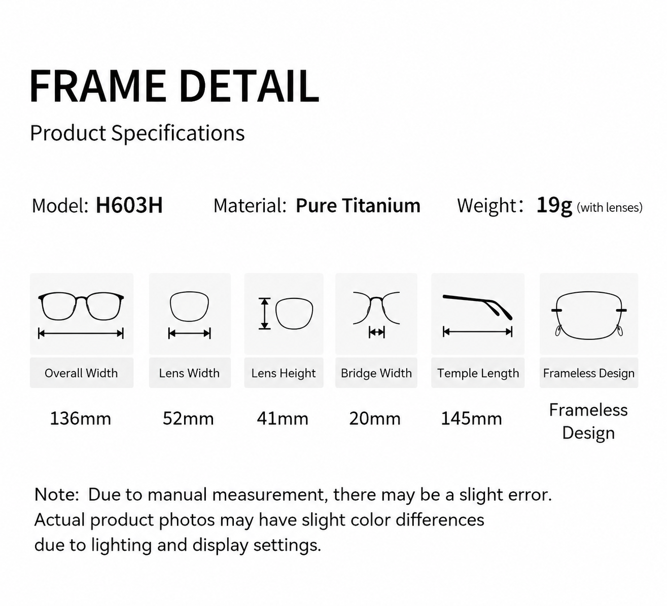 H603H Rimless Rectangle Pure Titanium Eyeglasses – Lightweight Frameless Optical Frame