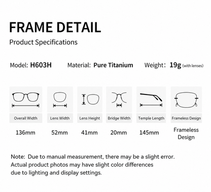 H603H Rimless Rectangle Pure Titanium Eyeglasses – Lightweight Frameless Optical Frame