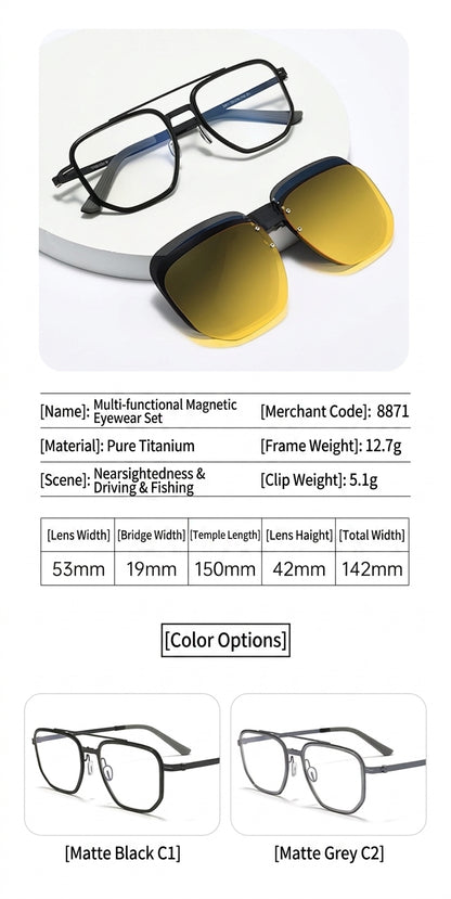 8871 Square Pure Titanium Magnetic Clip-On Prescription Eyeglasses