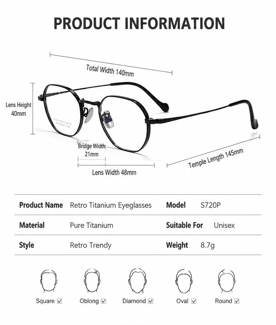 S720P Lightweight Pure Titanium Retro Eyeglasses – Unisex Optical Frame