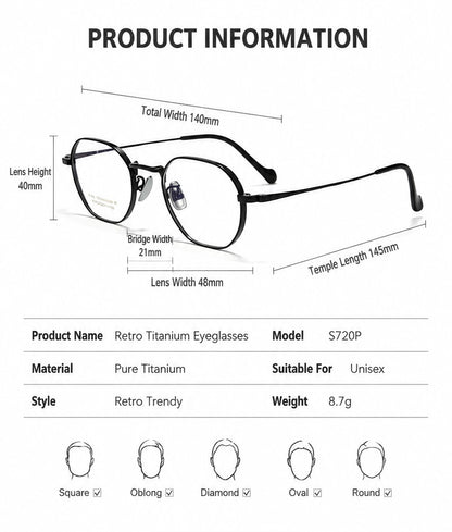 S720P Lightweight Pure Titanium Retro Eyeglasses – Unisex Optical Frame