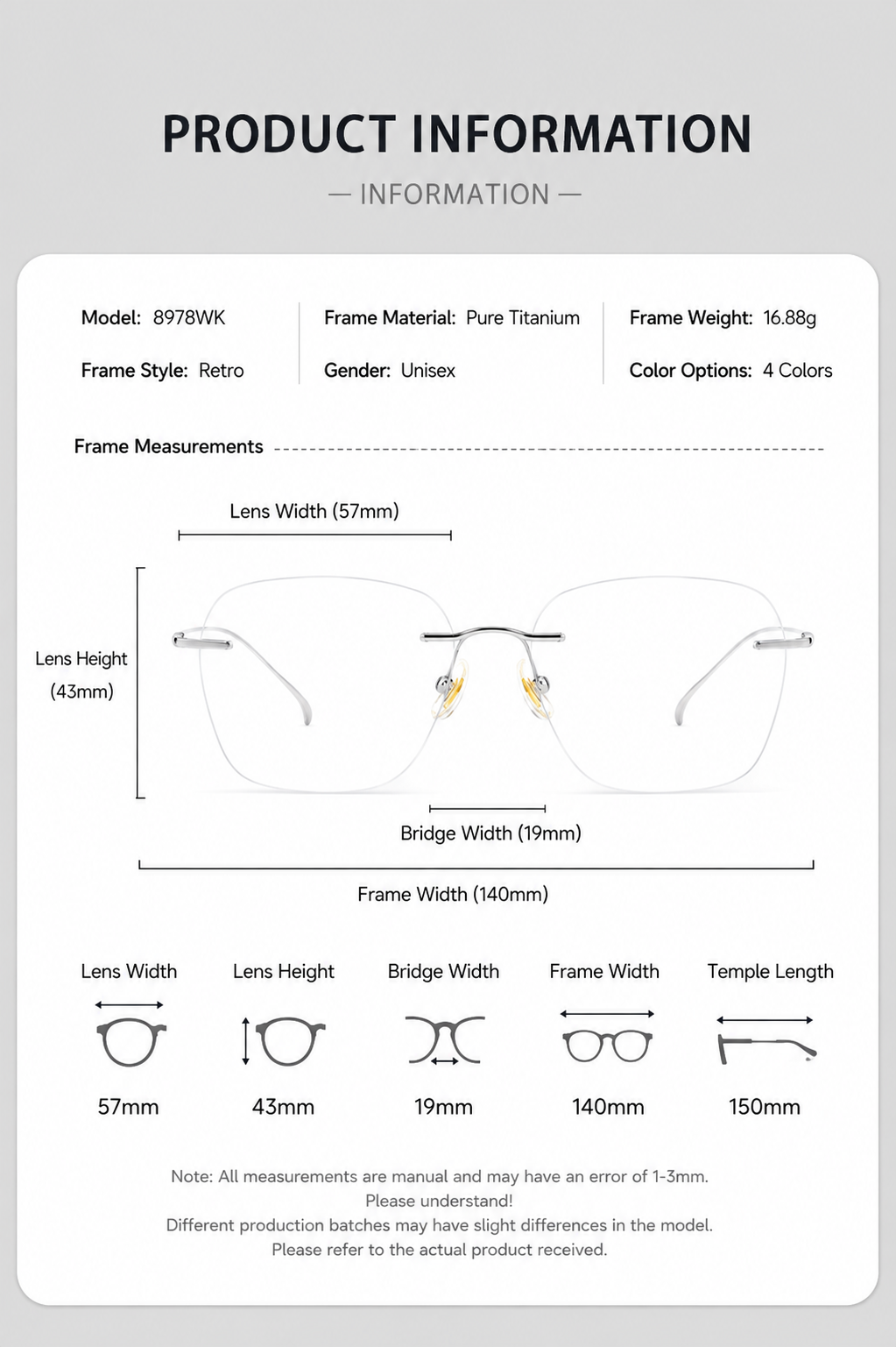 8978WK Pure Titanium Rimless Eyeglasses – 57mm Blue Light Blocking Glasses