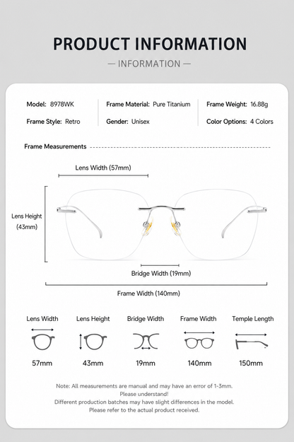 8978WK Pure Titanium Rimless Eyeglasses – 57mm Blue Light Blocking Glasses