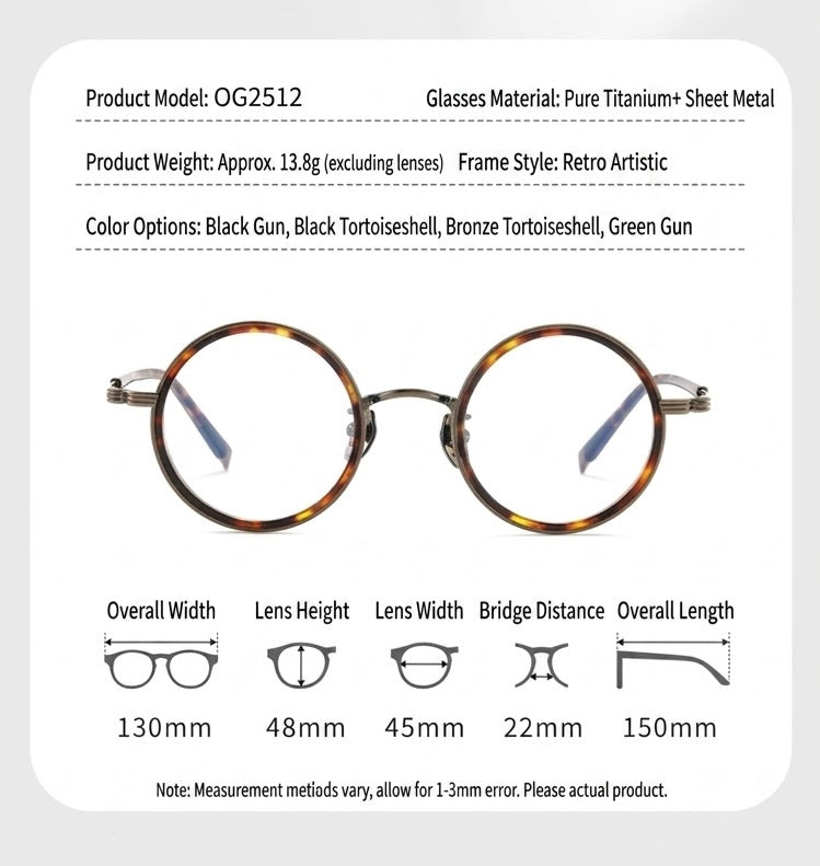 OQ2512 Retro Round Titanium Acetate Eyeglasses – Lightweight Unisex Optical Frame
