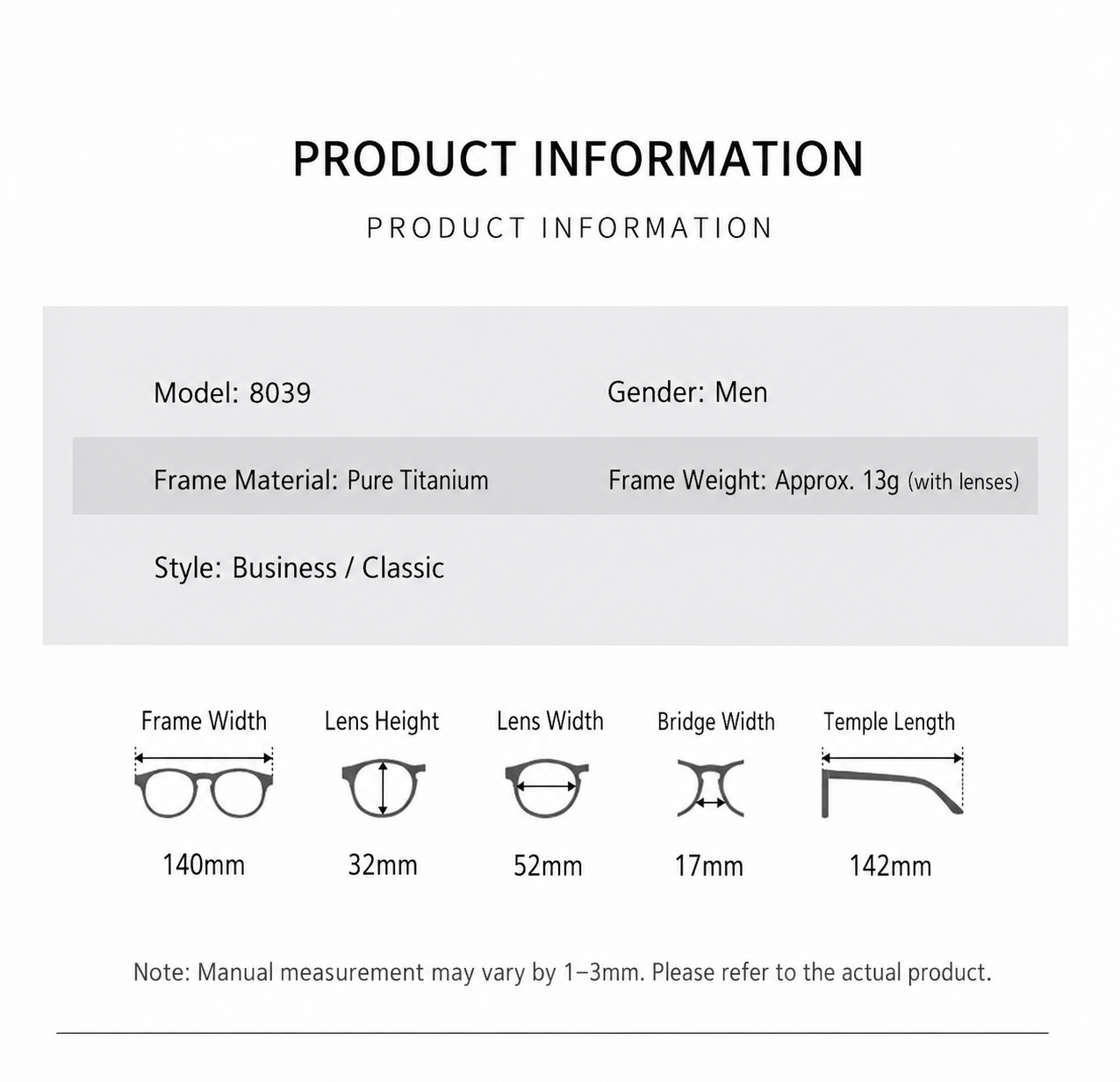 8039 Pure Titanium Semi-Rimless Rectangular Eyeglasses – Lightweight Men’s Optical Frame