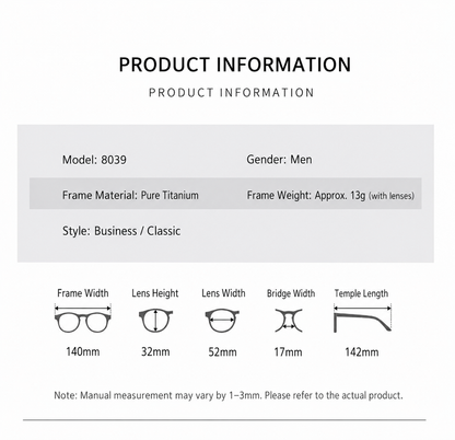 8039 Pure Titanium Semi-Rimless Rectangular Eyeglasses – Lightweight Men’s Optical Frame